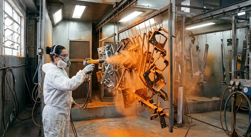Profissional aplicando pintura eletrostática a pó em peças metálicas penduradas na cabine